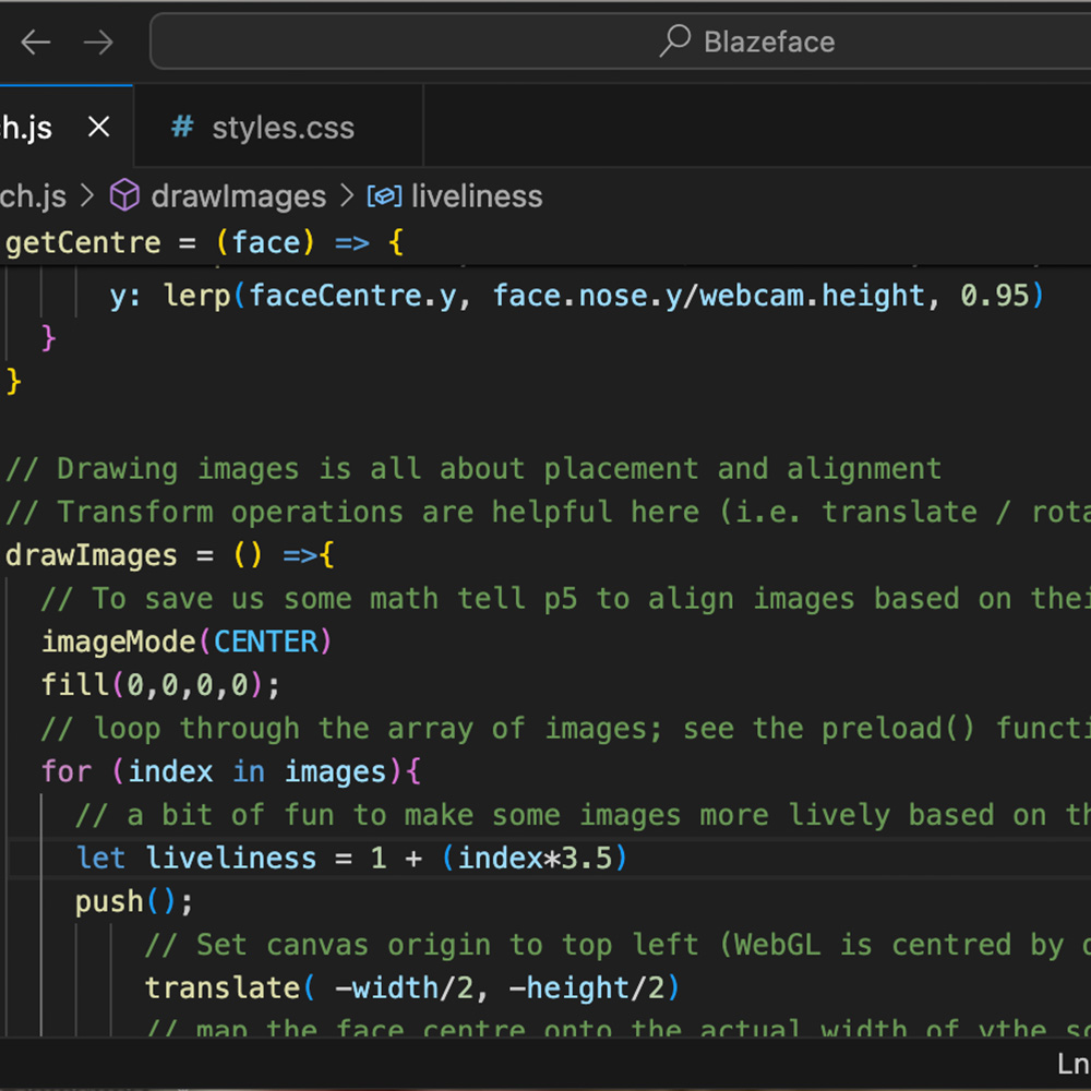 This is an image of the code so that I can remember the values that were changed. With a very high liveliness many of the elements overlap with one another in a circular motion.